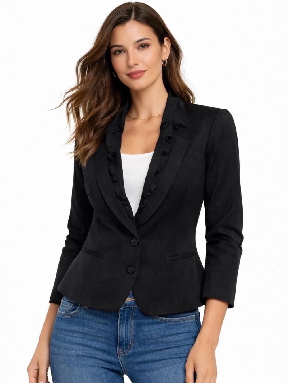 White House Black Market Blazer Womens 8 Black Ruffle Front Peplum Jacket